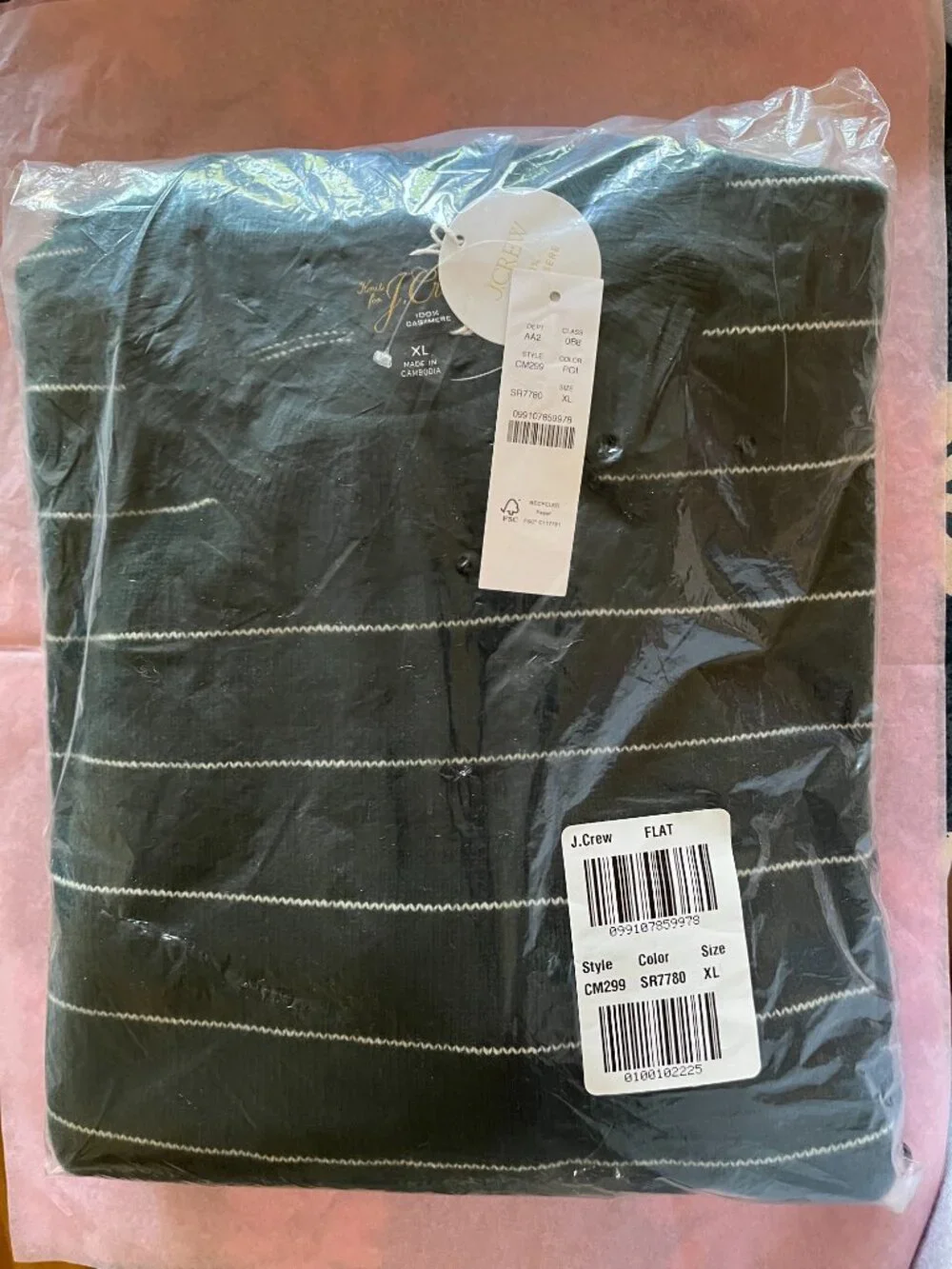 J. Crew Luxe Midweight Cashmere Crewneck Sweater in Green Ivory Stripe XL NWT
